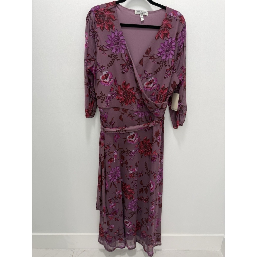 Harlow & Rose Floral Faux Wrap Midi Dress Pink Purple Mesh Overlay 3x NWT